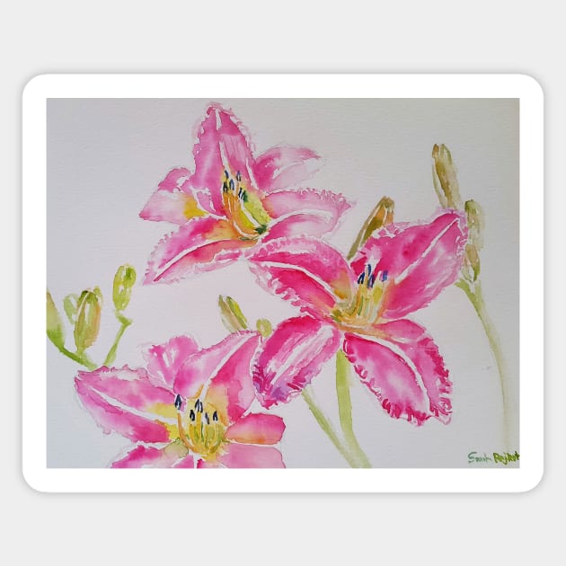 Pink Lily Flower Watercolor Painting Pattern Sticker by SarahRajkotwala